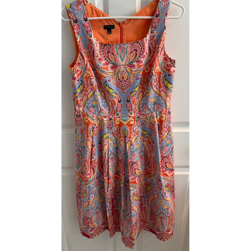 Talbots Women Orange Pink Paisley Fit Flare Cotton Blend Pleated Dress Size 6